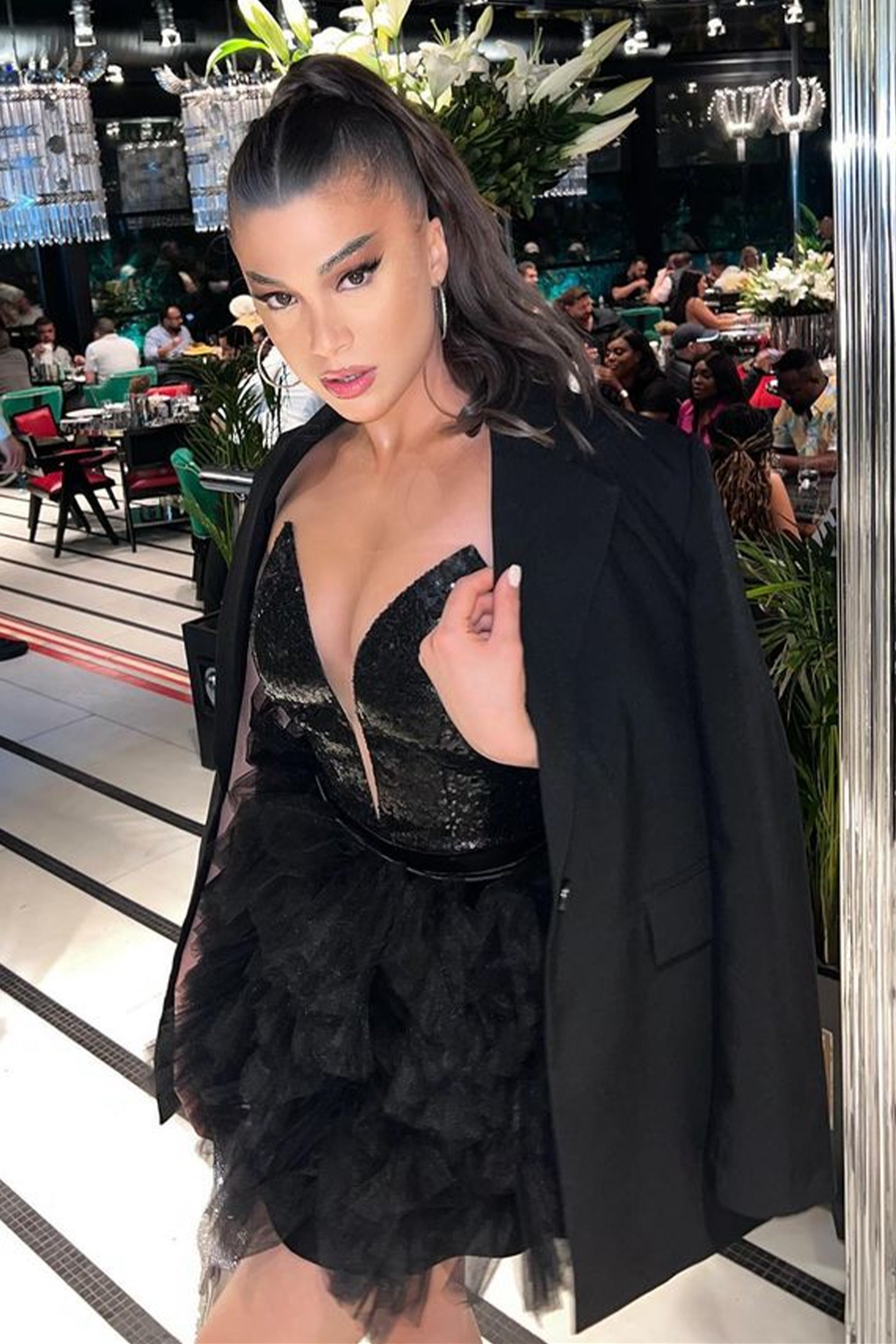 MINI SKIRT AND CROP TOP SET AMORE SEQUIN TULLE BLACK