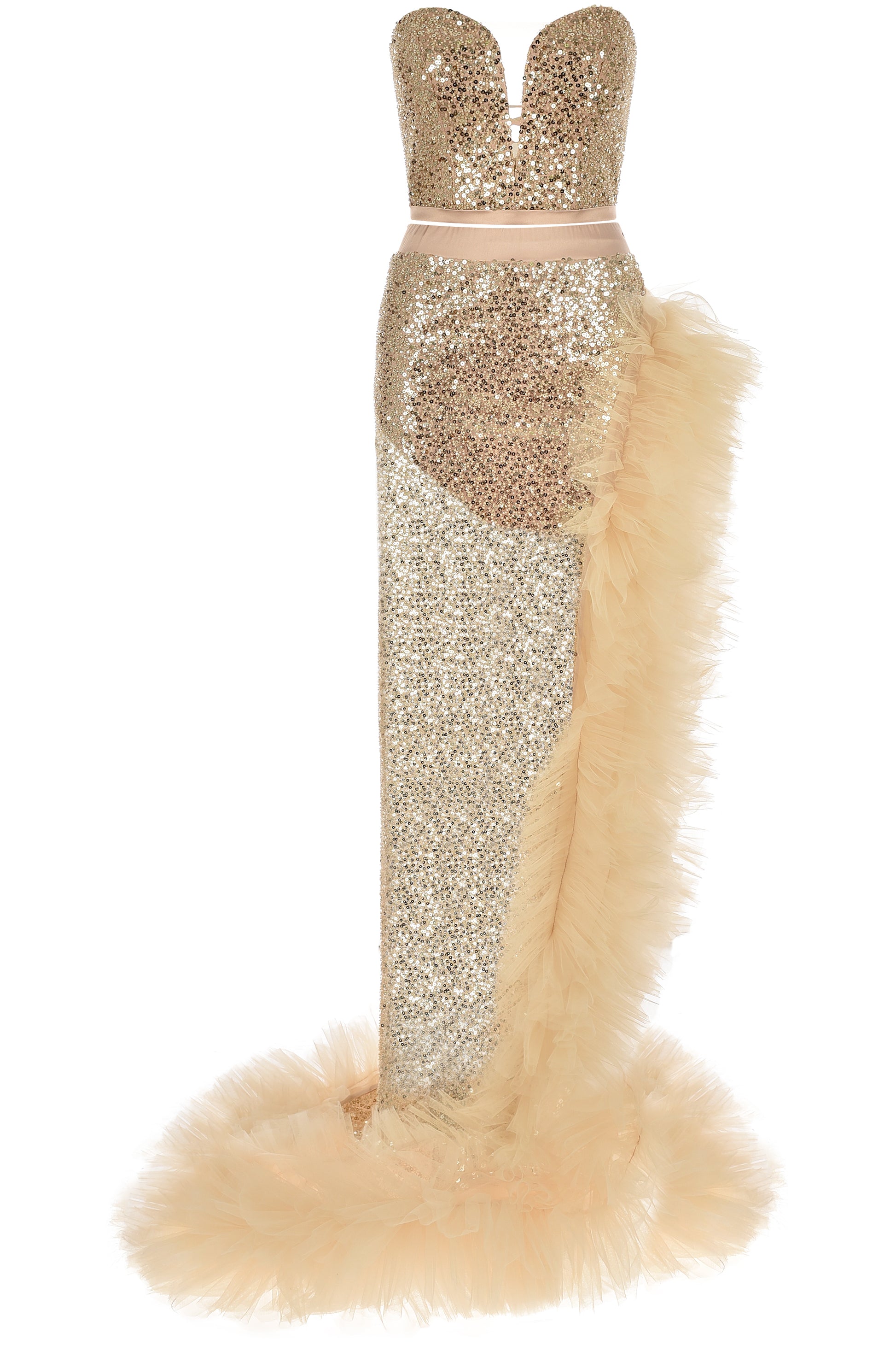 MAXI SKIRT AND CROP TOP SET GLOW SEQUIN TULLE GOLDEN