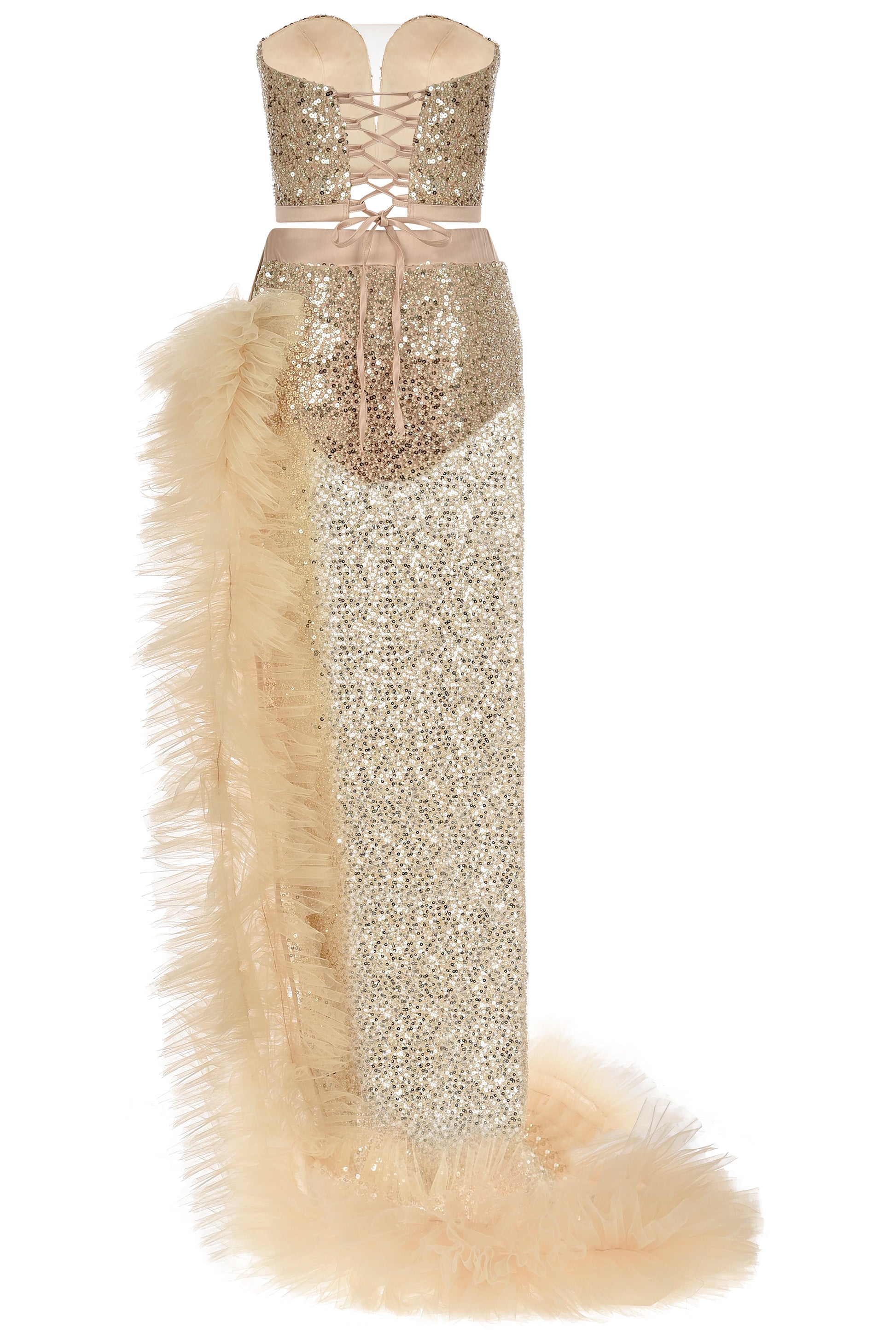 MAXI SKIRT AND CROP TOP SET GLOW SEQUIN TULLE GOLDEN