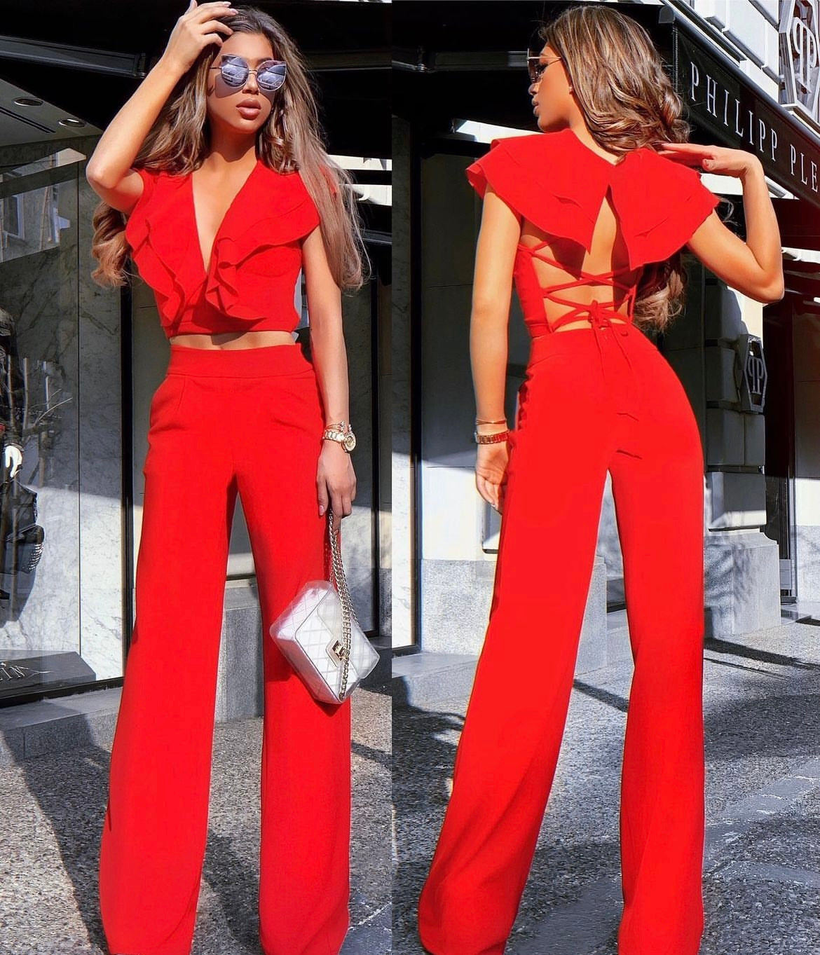 MAXI CROP TOP AND PANTS SET 2 PARTS TRICOT RED