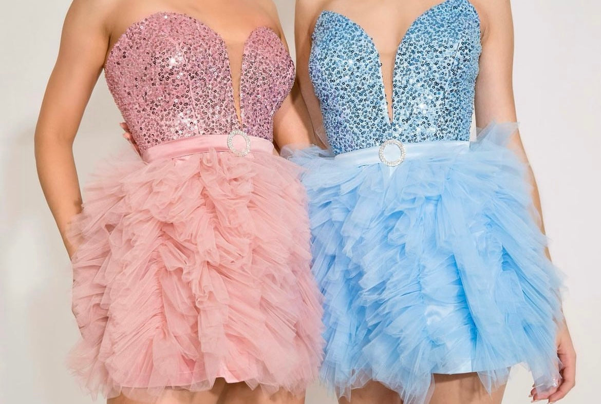 MINI SKIRT AND CROP TOP SET AMORE 3 PARTS SEQUIN TULLE LIGHT BLUE