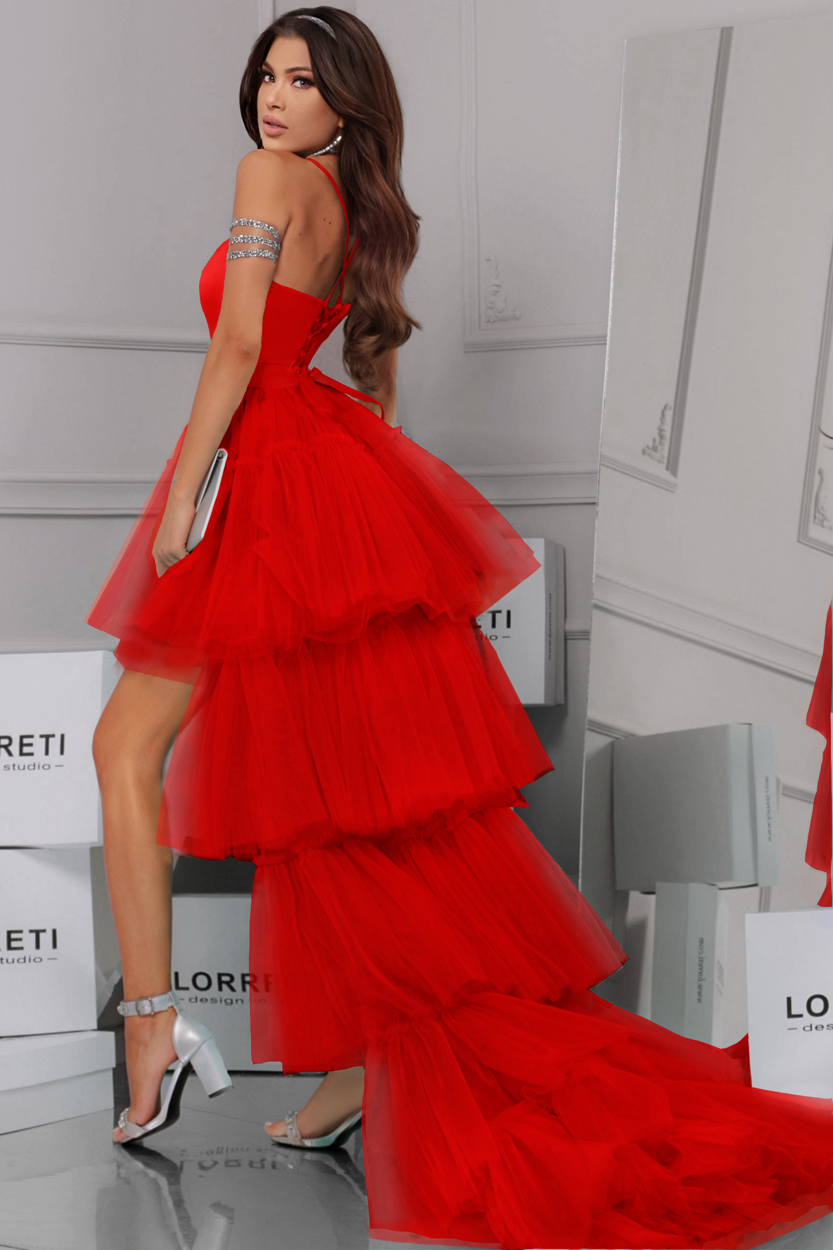 MAXI SKIRT AND CROP TOP SET ANNIKA SATIN TULLE RED