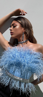 MINI CROP TOP FEATHERS SATIN LIGHT BLUE