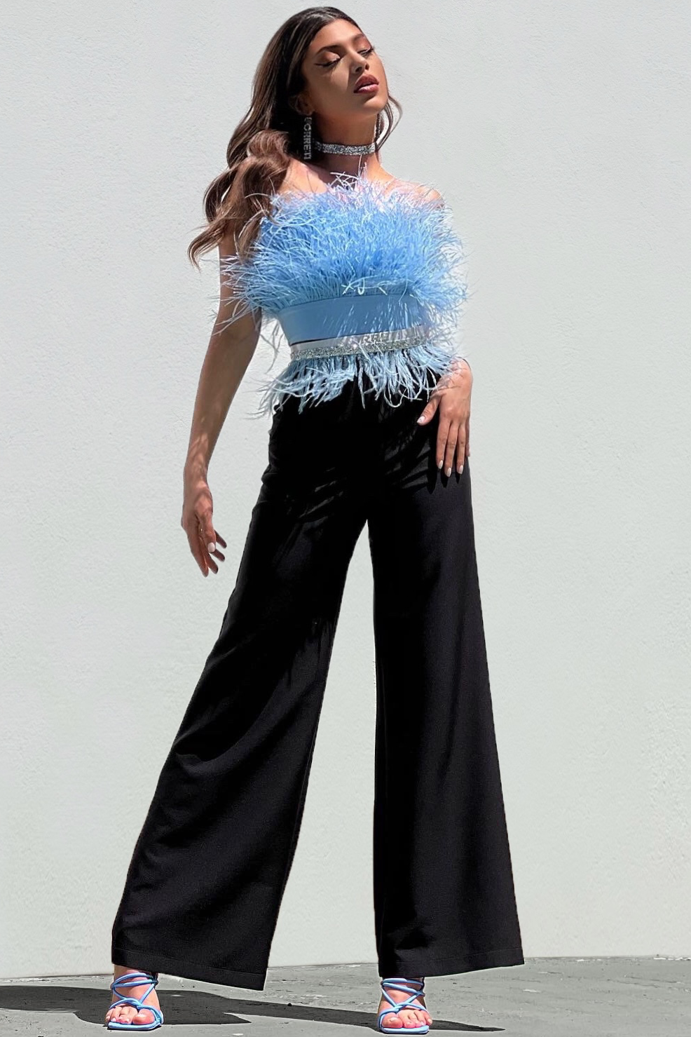 MINI CROP TOP FEATHERS SATIN LIGHT BLUE