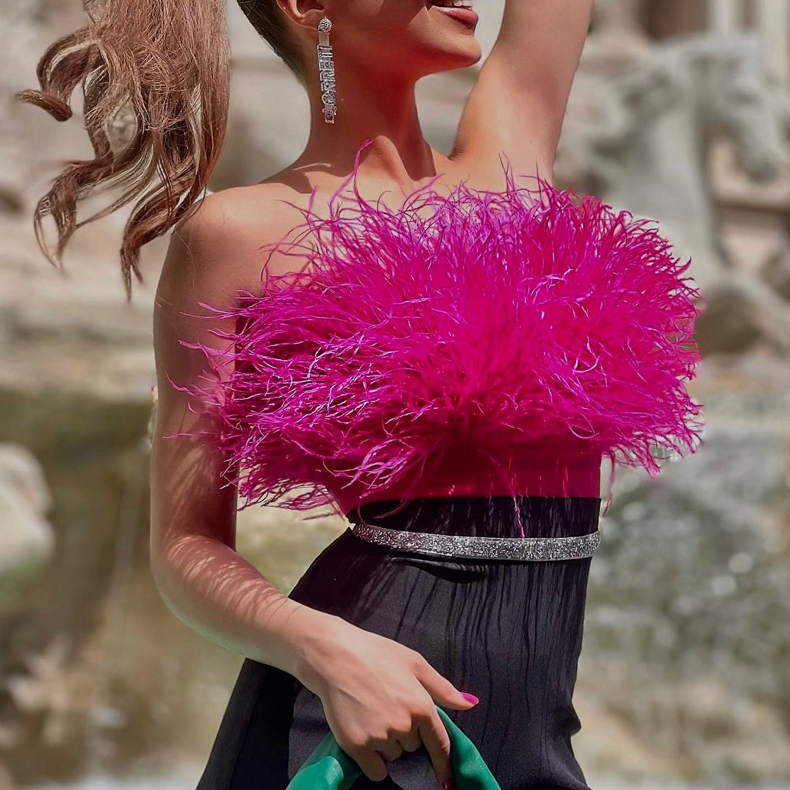 MINI CROP TOP FEATHERS SATIN HOT PINK