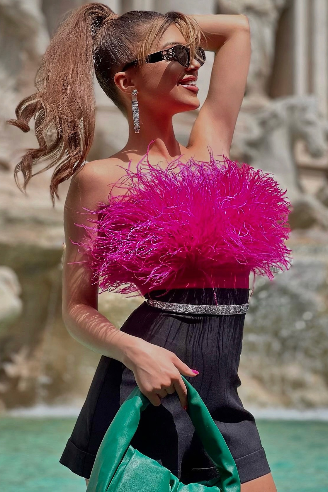 MINI CROP TOP FEATHERS SATIN HOT PINK