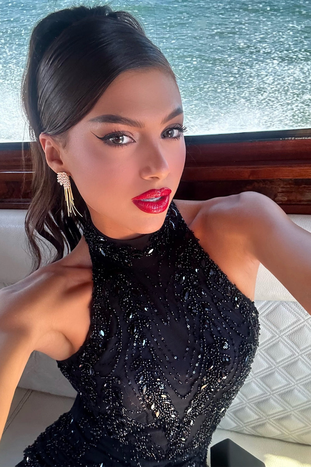MINI VESTIDO DIAMOND PEDRERÍA SATÍN NEGRO CON NUDE