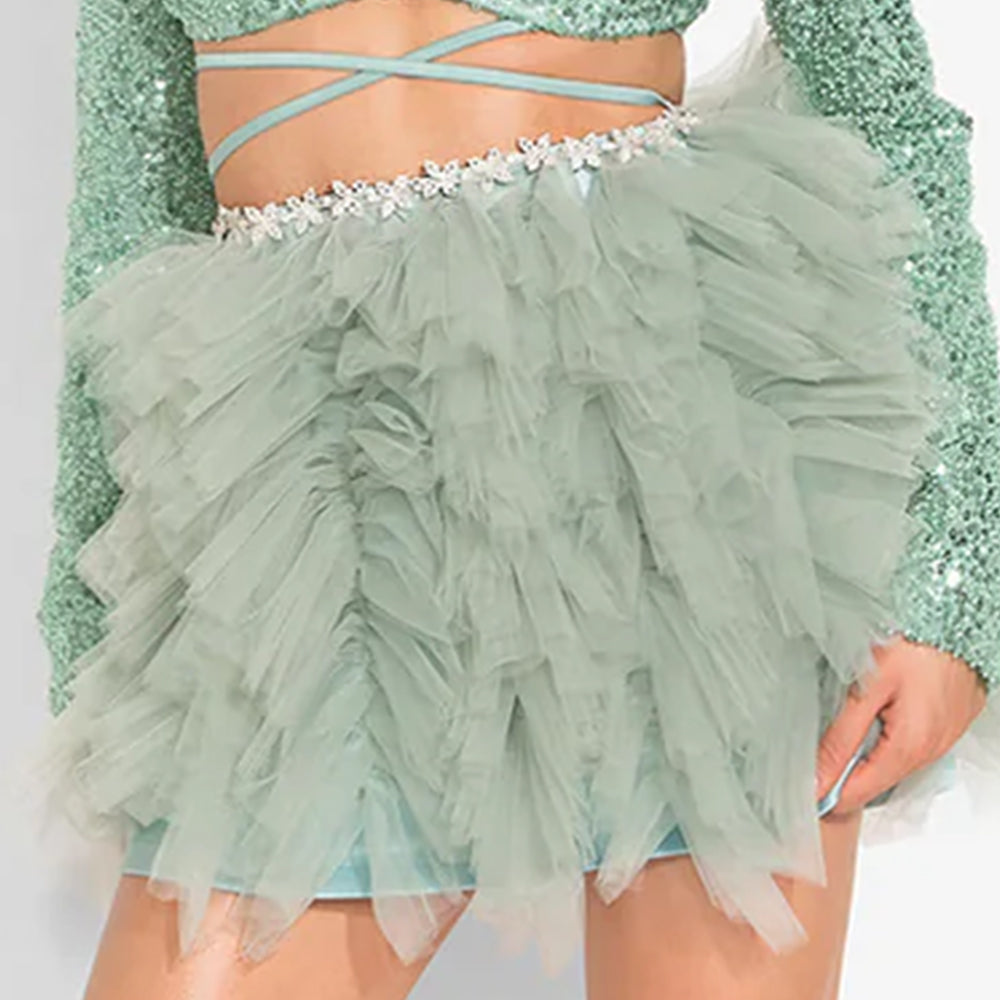 МAXI SET TOP CON GONNA GRACELYN PIZZO GLITTERATO RASO VERDE SCURO