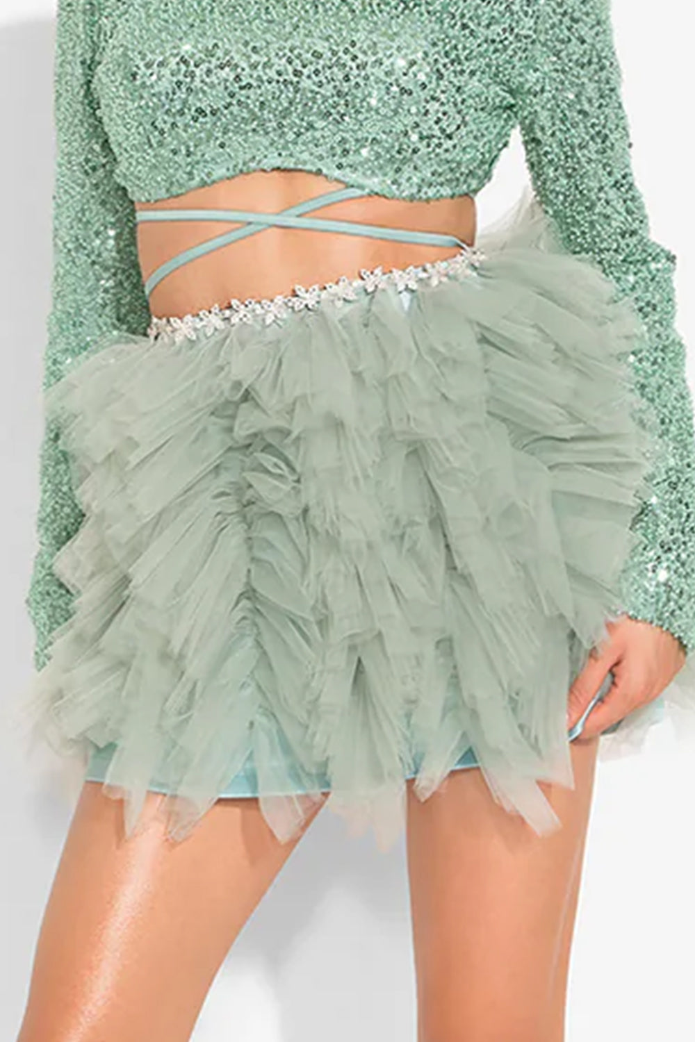 МAXI SET TOP CON GONNA GRACELYN PIZZO GLITTERATO RASO VERDE SCURO