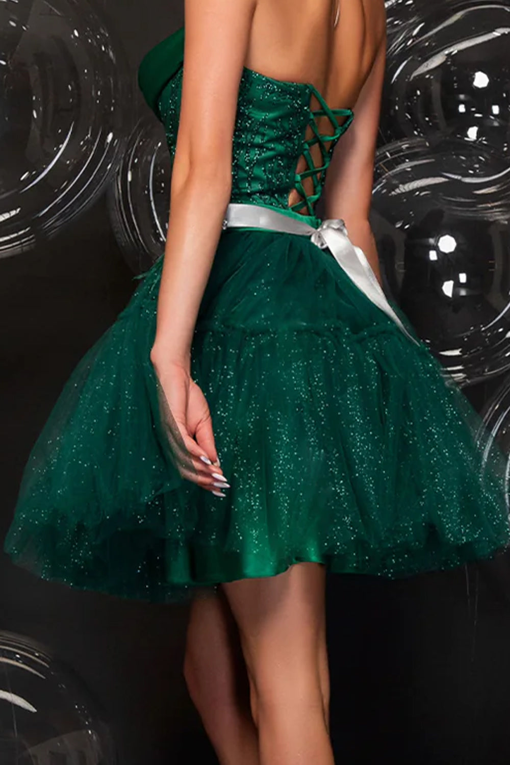 МAXI SET TOP CON GONNA GRACELYN PIZZO GLITTERATO RASO VERDE SCURO
