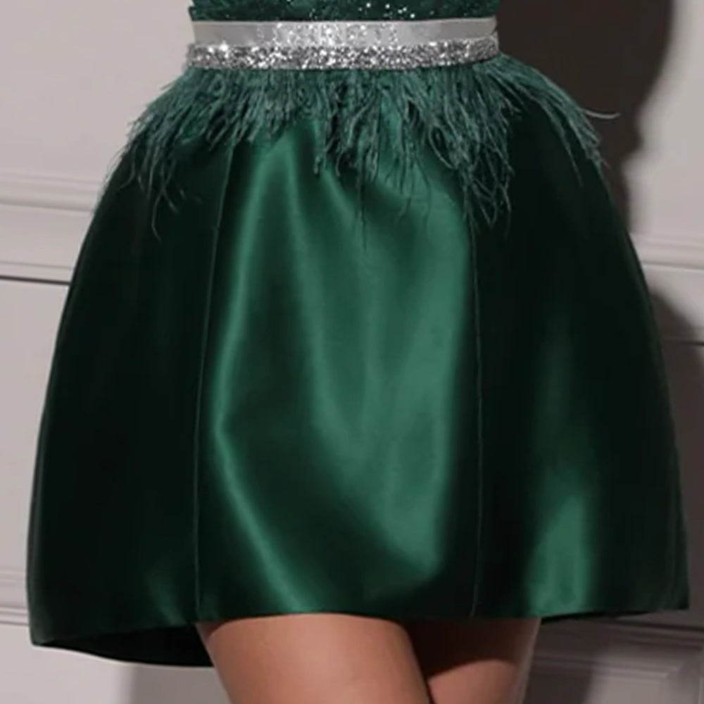 MAXI CONJUNTO TOP CON FALDA GRACELYN ЕNCAJE BRILLANTE SATÍN VERDE OSCURO