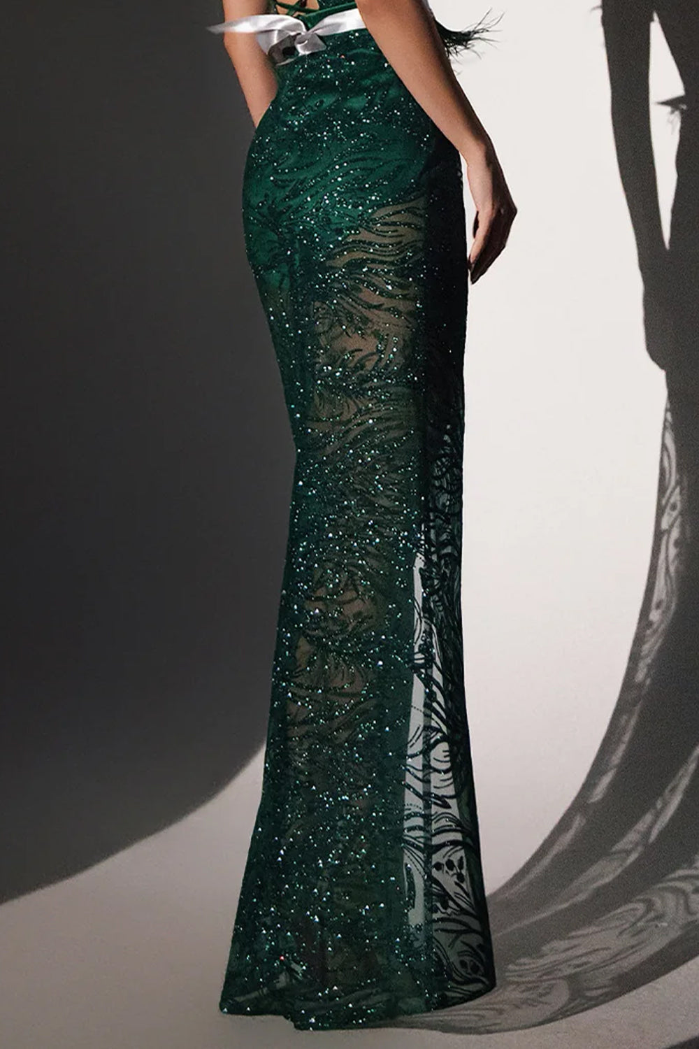 MAXI SET TOP CU FUSTA GRACELYN DANTELA GLITTER SATIN VERDE INCHIS