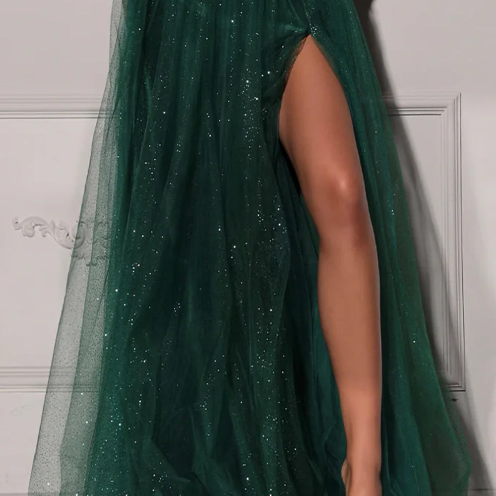 MAXI CONJUNTO TOP CON FALDA GRACELYN ЕNCAJE BRILLANTE SATÍN VERDE OSCURO