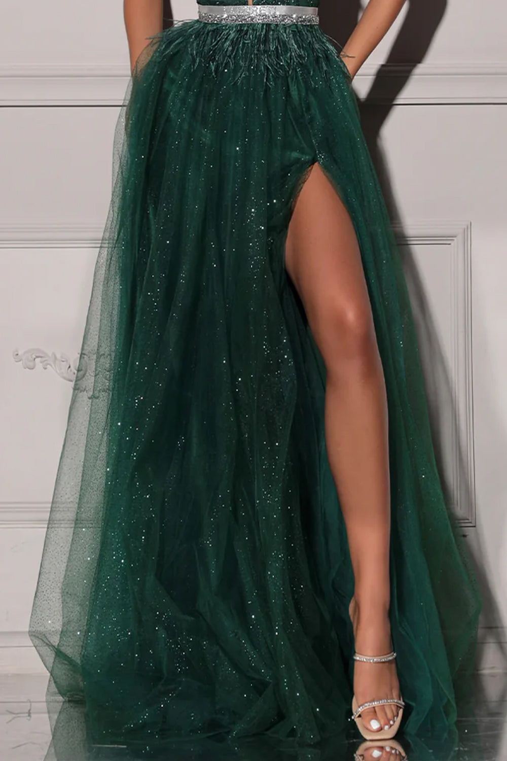 MAXI CONJUNTO TOP CON FALDA GRACELYN ЕNCAJE BRILLANTE SATÍN VERDE OSCURO