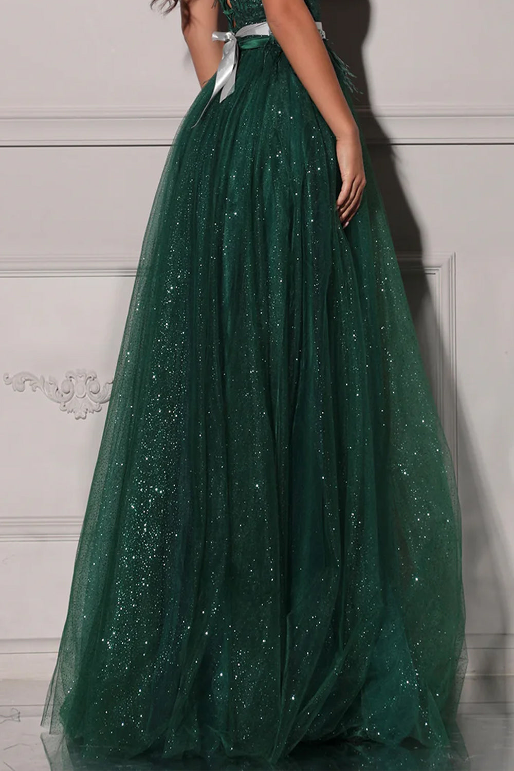 MAXI CONJUNTO TOP CON FALDA GRACELYN ЕNCAJE BRILLANTE SATÍN VERDE OSCURO
