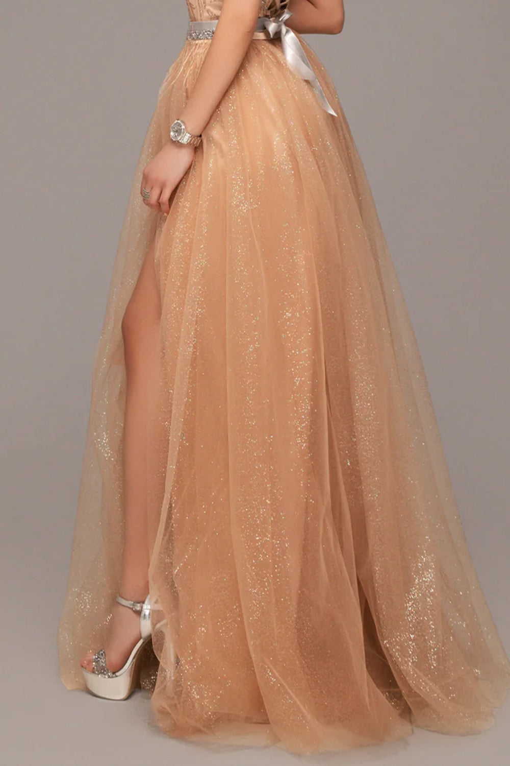 MAXI SET TOP CU FUSTA GRACELYN DANTELA GLITTER SATIN VERDE INCHIS