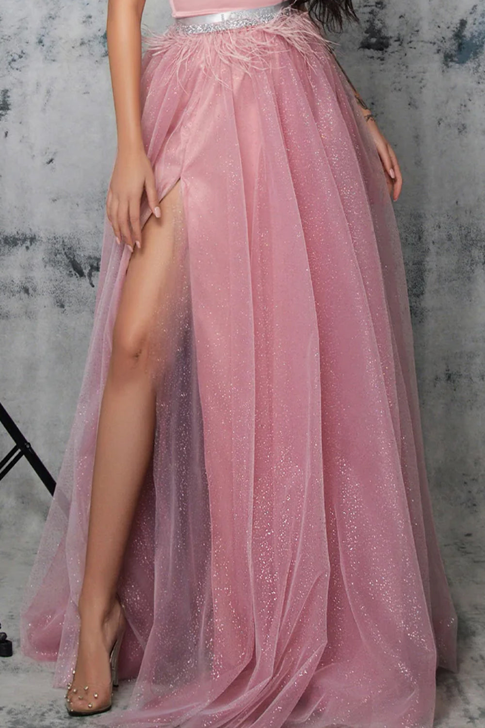 MAXI SET TOP CU FUSTA GRACELYN DANTELA GLITTER SATIN VERDE INCHIS