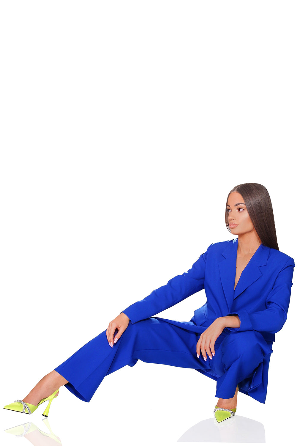 MAXI BLAZER AND PANTS SET 2 PARTS BOSSY BI-STRETCH FABRIC COBALT BLUE