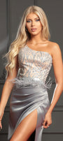 MAXI SKIRT AND CROP TOP SET CARLY GLITTER LACE SATIN SILVER AND NUDE