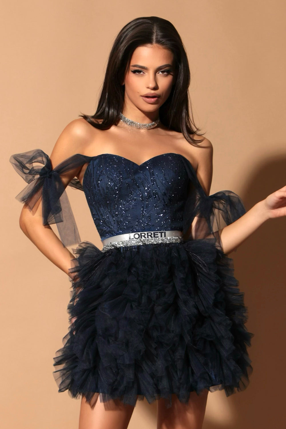 MINI SKIRT AND CROP TOP SET GEORGIA GLITTER LACE TULLE DARK BLUE