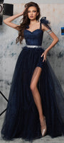 MAXI CROP TOP AND PANTS AND CLOAK SET KALINDA GLITTER LACE GLITTER TULLE DARK BLUE