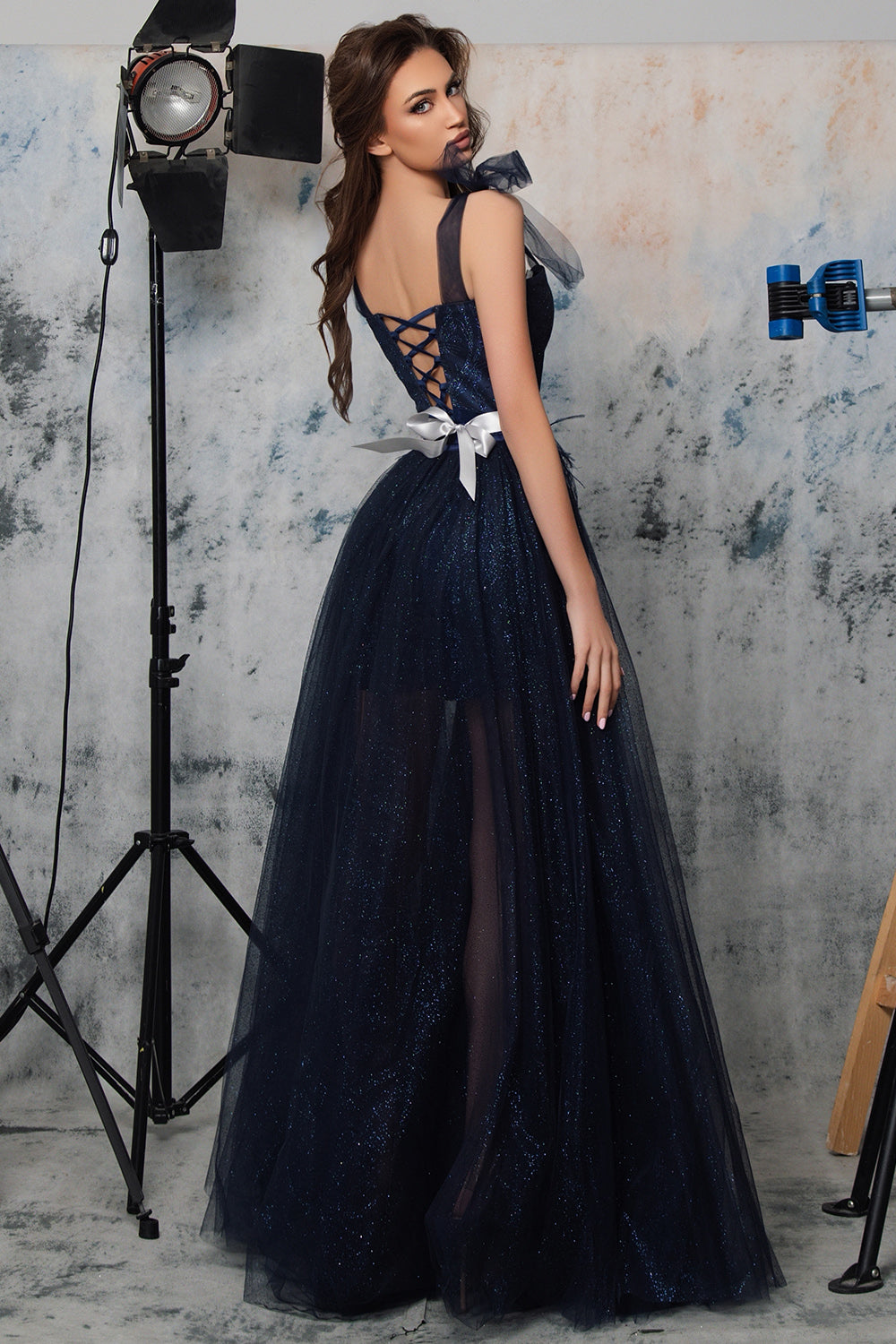 MAXI CROP TOP AND PANTS AND CLOAK SET KALINDA GLITTER LACE GLITTER TULLE DARK BLUE