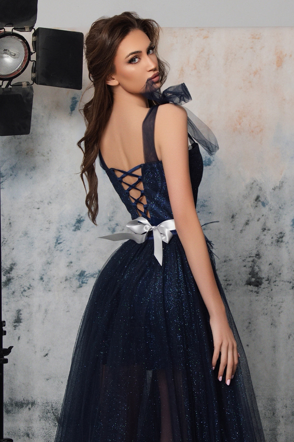 MAXI CROP TOP AND PANTS AND CLOAK SET KALINDA GLITTER LACE GLITTER TULLE DARK BLUE