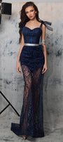 MAXI SKIRT AND CROP TOP SET PALMER GLITTER LACE TULLE DARK BLUE
