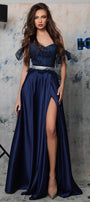 MAXI SKIRT AND CROP TOP SET MELINA GLITTER LACE SATIN DARK BLUE