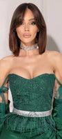 МAXI SET TOP CON GONNA GRACELYN PIZZO GLITTERATO RASO VERDE SCURO