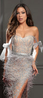 MAXI SKIRT AND CROP TOP SET LESLIE GLITTER LACE FEATHERS SILVER AND NUDE