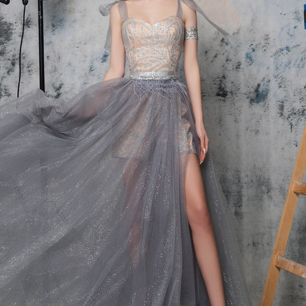 MAXI CROP TOP AND PANTS AND CLOAK SET KALINDA GLITTER LACE GLITTER TULLE SILVER AND NUDE