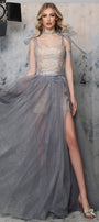 MAXI CROP TOP AND PANTS AND CLOAK SET KALINDA GLITTER LACE GLITTER TULLE SILVER AND NUDE