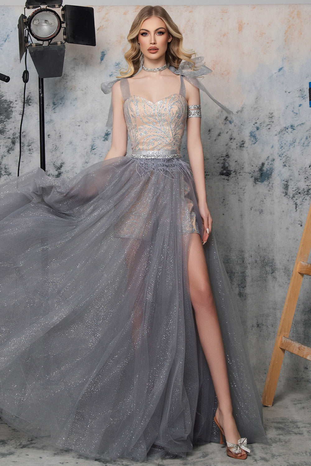 MAXI CROP TOP AND PANTS AND CLOAK SET KALINDA GLITTER LACE GLITTER TULLE SILVER AND NUDE