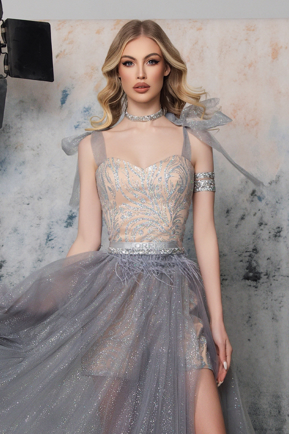MAXI CROP TOP AND PANTS AND CLOAK SET KALINDA GLITTER LACE GLITTER TULLE SILVER AND NUDE