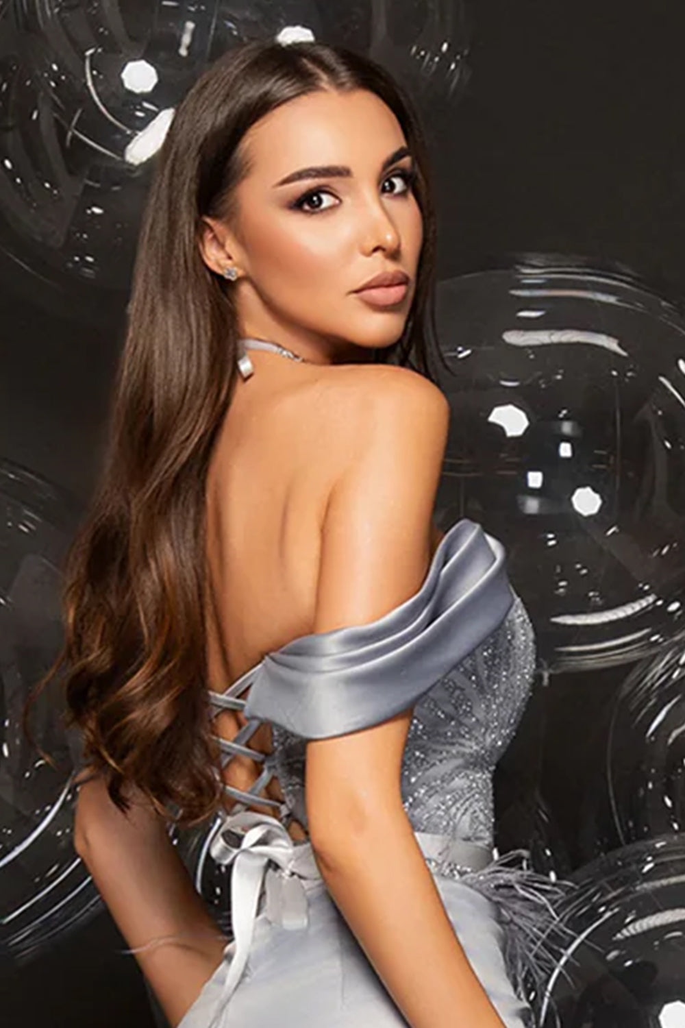 МAXI SET TOP CON GONNA GRACELYN PIZZO GLITTERATO RASO VERDE SCURO