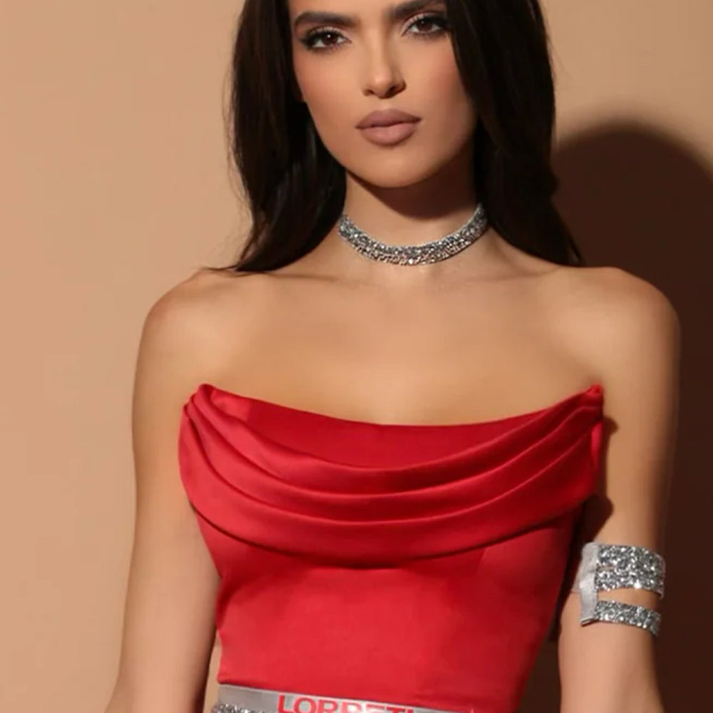 МAXI SET TOP CON GONNA GRACELYN PIZZO GLITTERATO RASO VERDE SCURO
