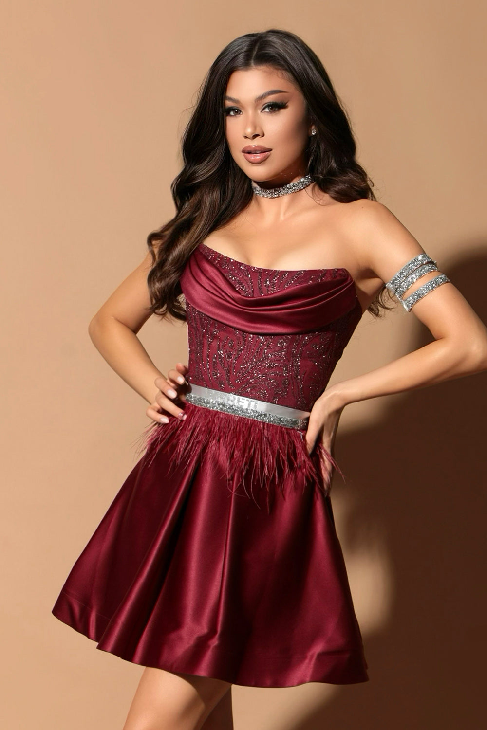 MINI SKIRT AND CROP TOP SET VALLERY GLITTER LACE SATIN BURGUNDY
