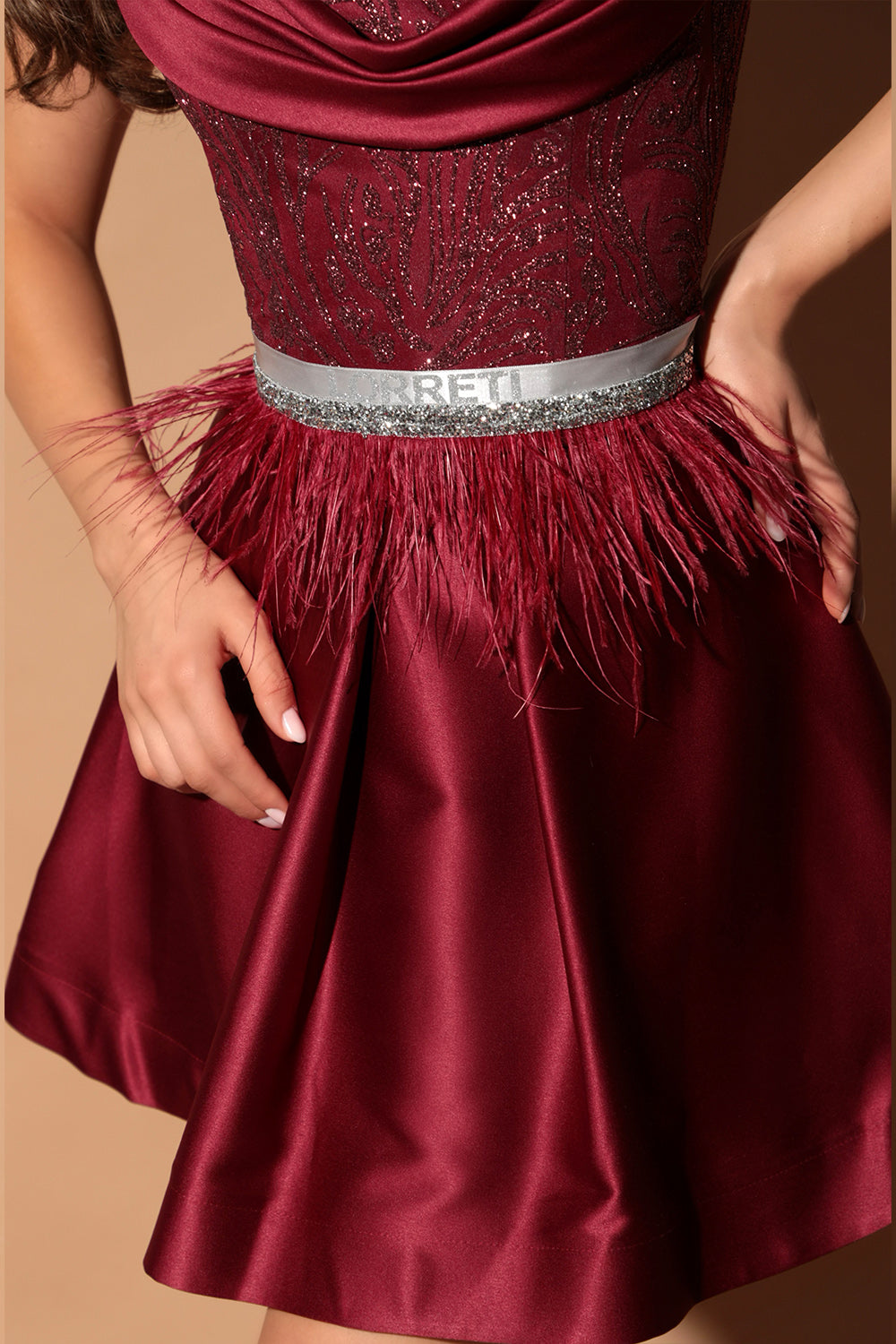 MINI SKIRT AND CROP TOP SET VALLERY GLITTER LACE SATIN BURGUNDY