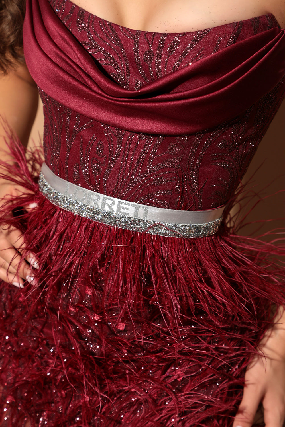 MAXI SKIRT AND CROP TOP SET DARA GLITTER LACE SATIN FEATHERS BURGUNDY