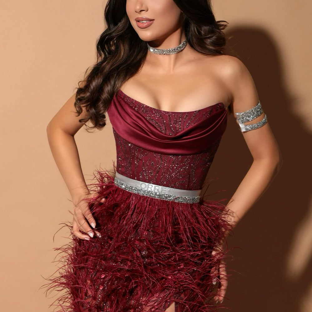 MAXI SKIRT AND CROP TOP SET DARA GLITTER LACE SATIN FEATHERS BURGUNDY