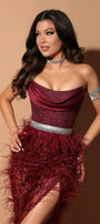 MAXI SKIRT AND CROP TOP SET DARA GLITTER LACE SATIN FEATHERS BURGUNDY