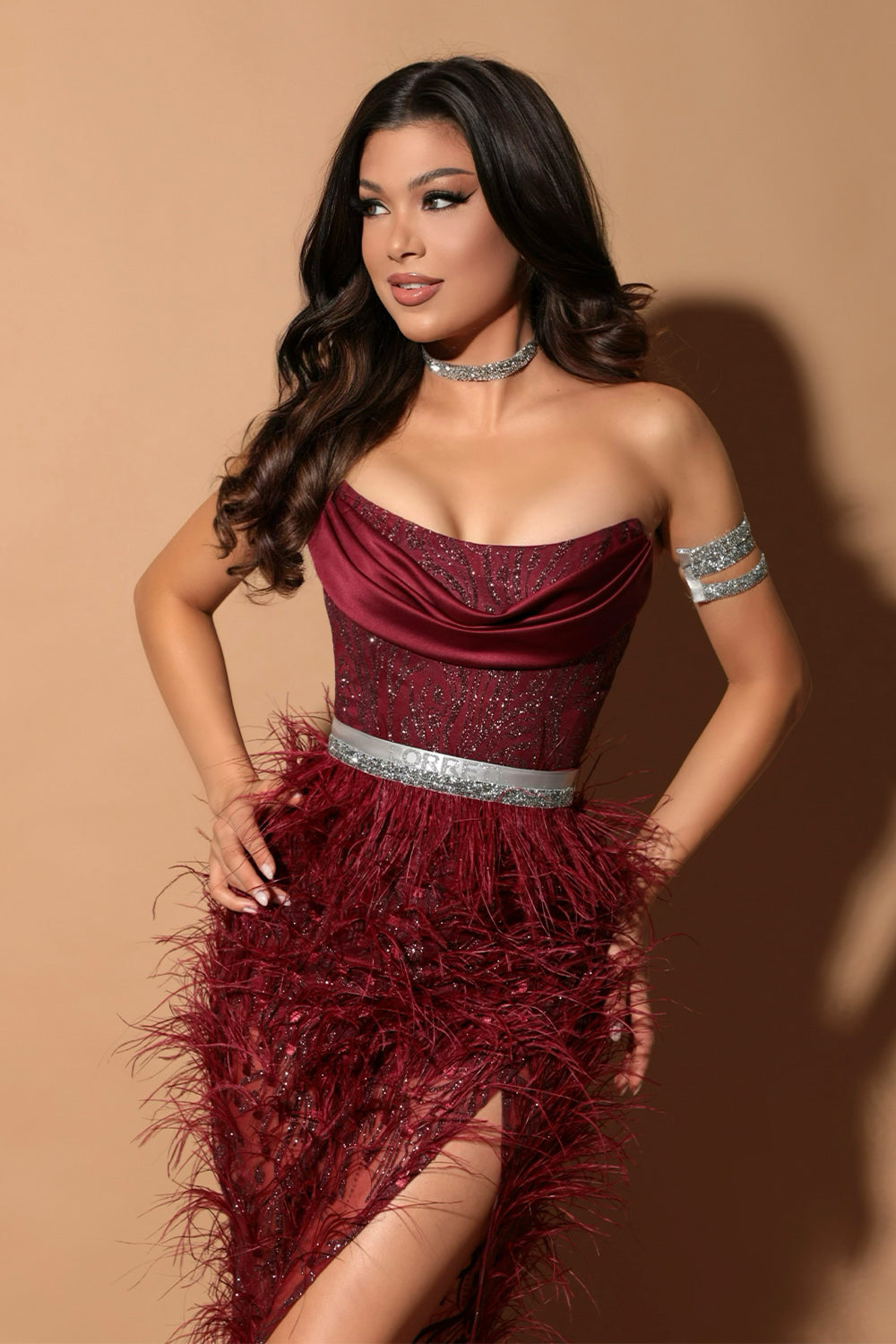 MAXI SKIRT AND CROP TOP SET DARA GLITTER LACE SATIN FEATHERS BURGUNDY