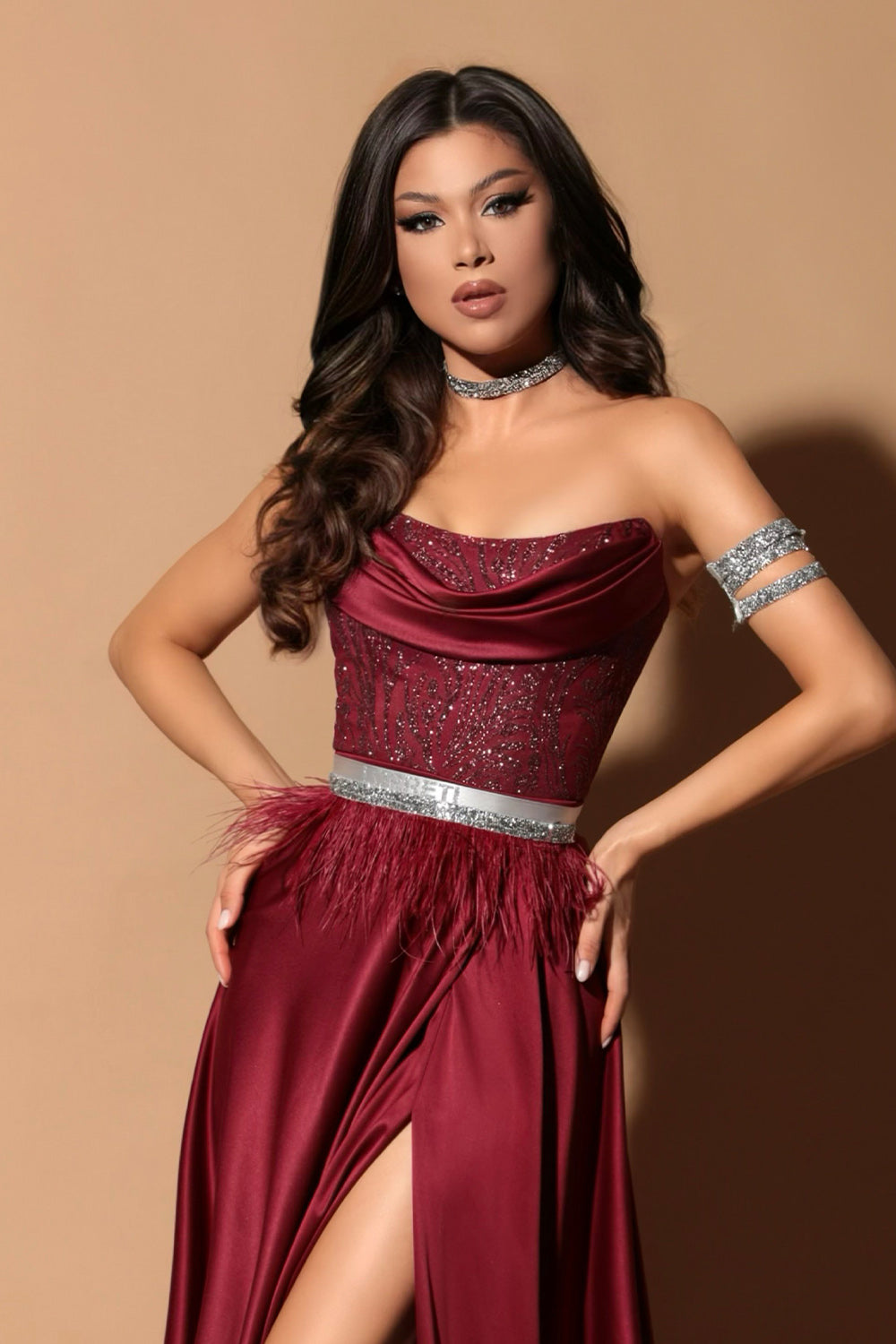 МAXI SET TOP CON GONNA CASSIEANE PIZZO GLITTERATO RASO BORDEAUX