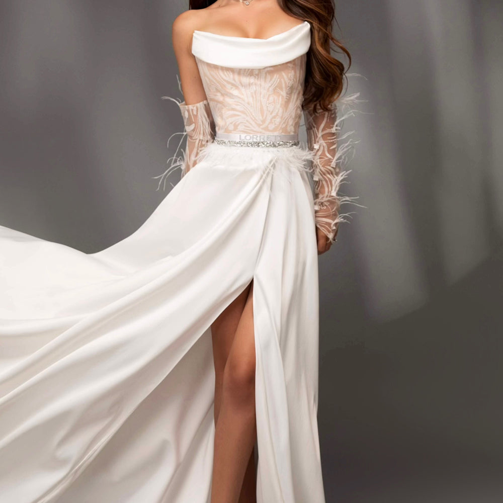 MAXI CONJUNTO TOP CON FALDA CASSIEANE SATÍN ЕNCAJE BRILLANTE BLANCO CON NUDE