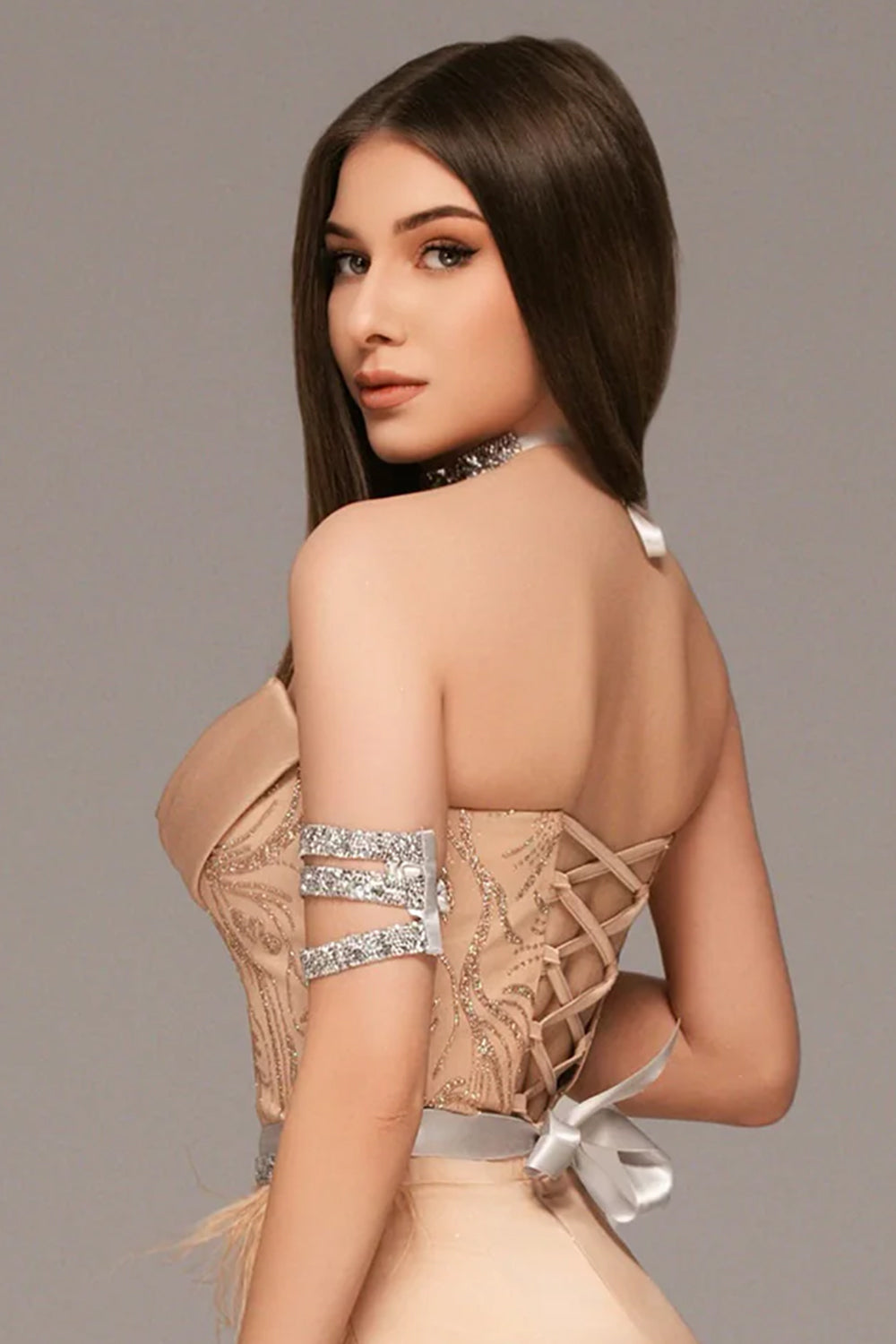 МAXI SET TOP CON GONNA GRACELYN PIZZO GLITTERATO RASO VERDE SCURO