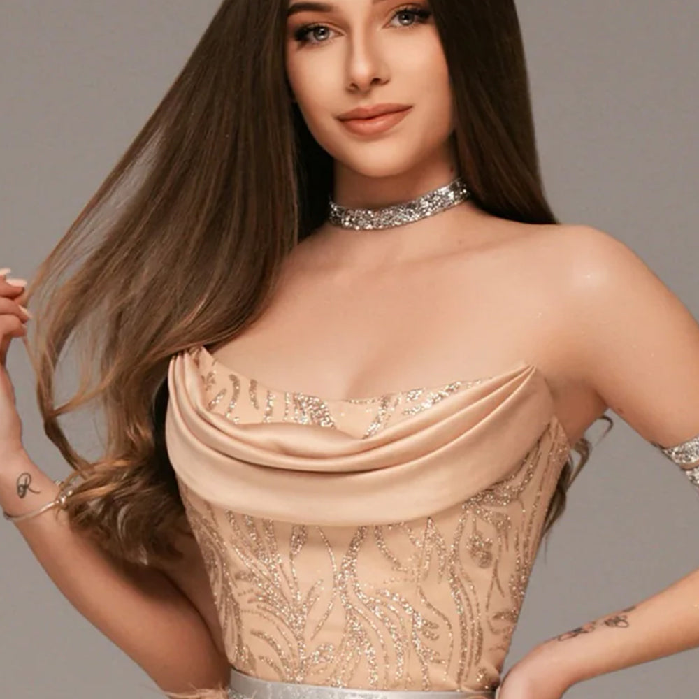 МAXI SET TOP CON GONNA GRACELYN PIZZO GLITTERATO RASO VERDE SCURO