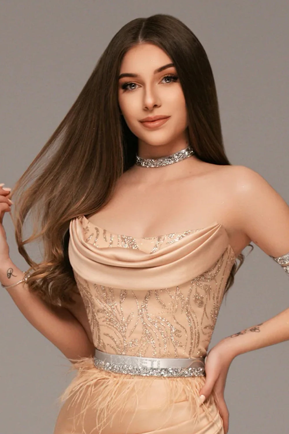 МAXI SET TOP CON GONNA GRACELYN PIZZO GLITTERATO RASO VERDE SCURO