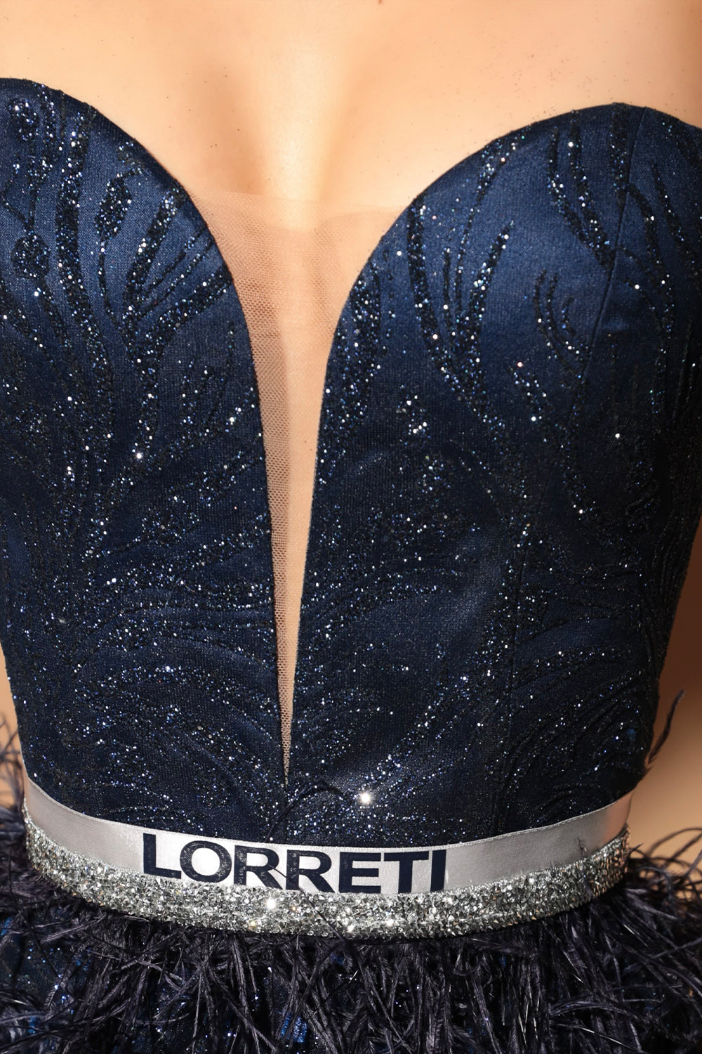 MINI SKIRT AND CROP TOP SET ELINA GLITTER LACE SATIN DARK BLUE