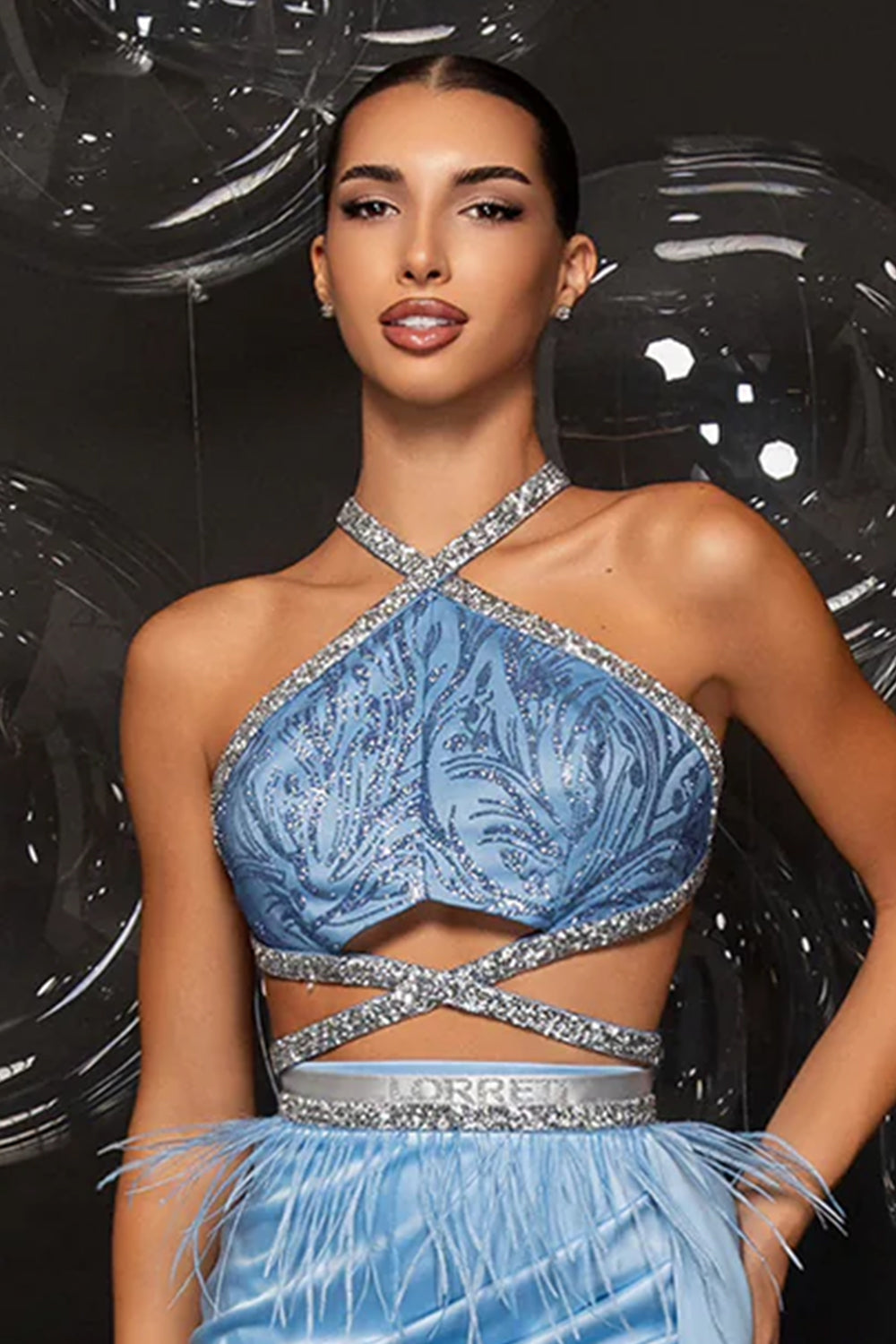 МAXI SET TOP CON GONNA GRACELYN PIZZO GLITTERATO RASO VERDE SCURO